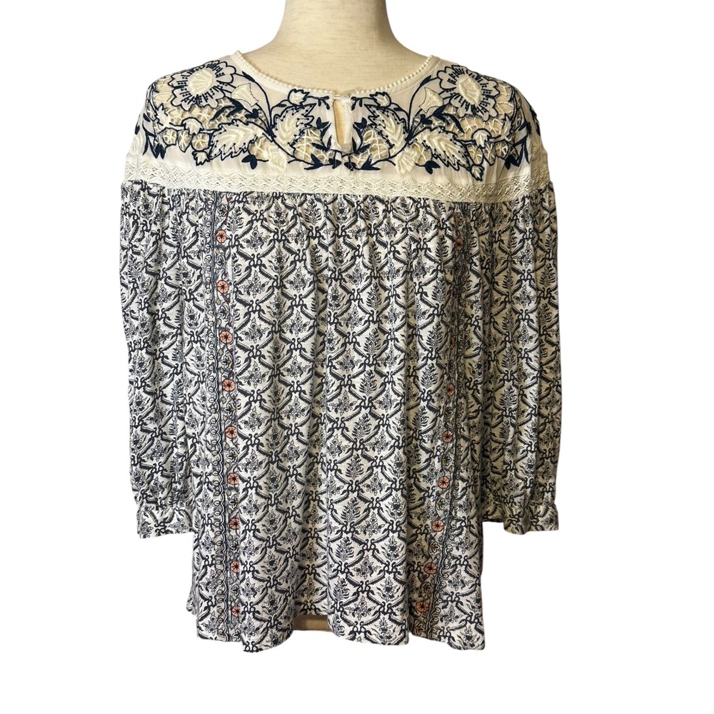 Sundance Embroidered Boho Peasant Blouse Floral Cottage Lace Top Medium M